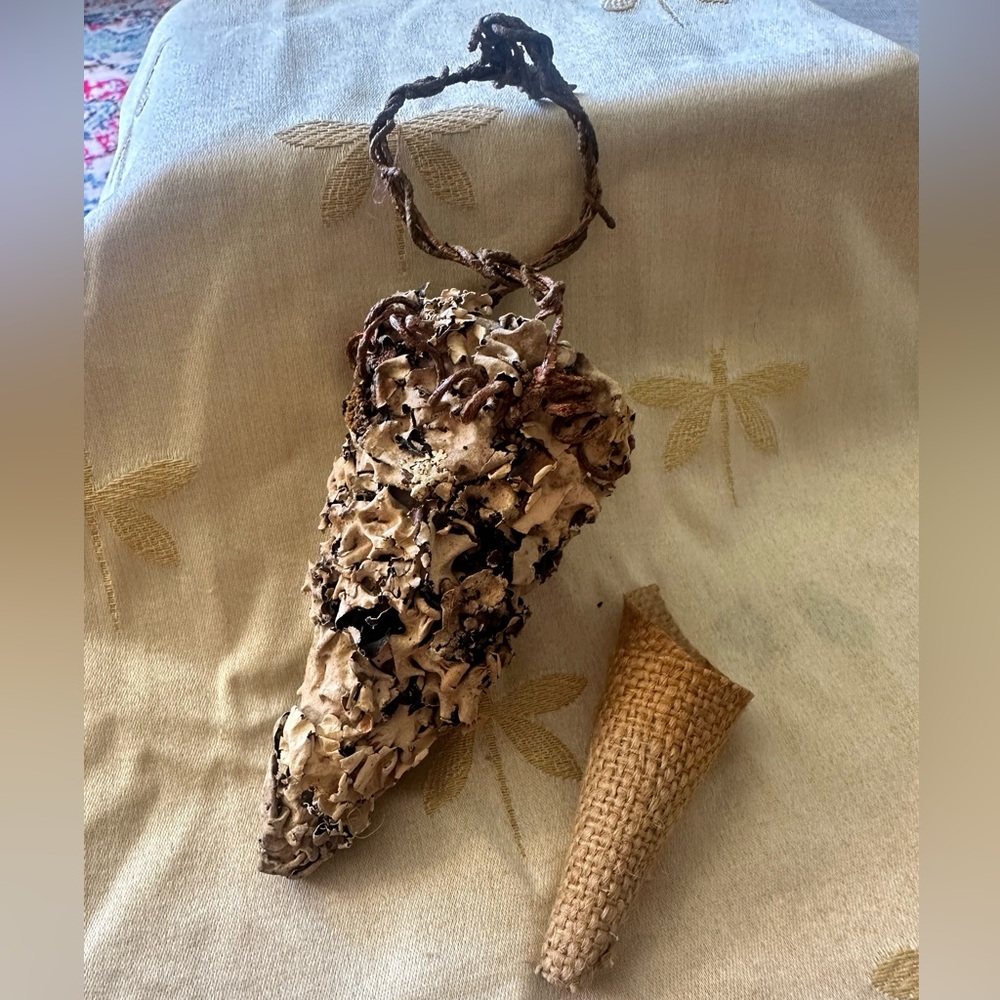 Set of Natural Moss Bark & Twig Wall Pocket Cone & Mini Woven Cone.